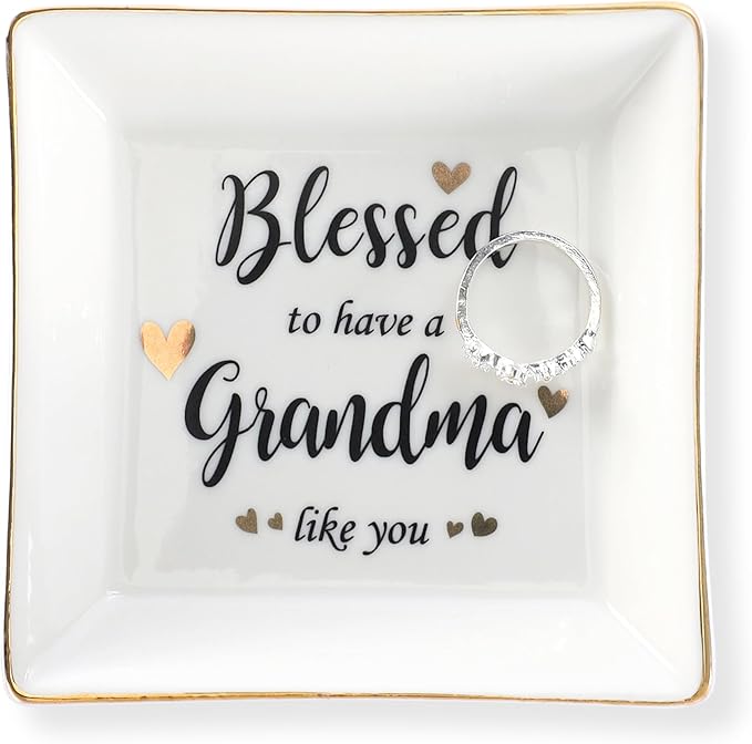HOME SMILE Mother's Day Gifts for Grandma,Grandmother Ceramic Ring Jewelry Dish Tray Plate for Birthday Valentine's Christmas-Blessed to Have A Grandma Like You