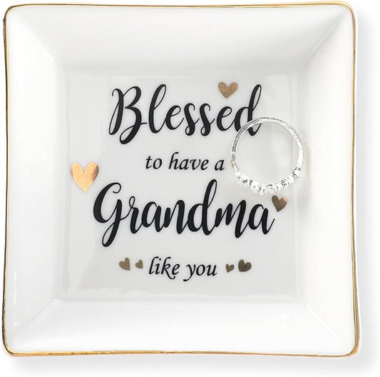 HOME SMILE Mother's Day Gifts for Grandma,Grandmother Ceramic Ring Jewelry Dish Tray Plate for Birthday Valentine's Christmas-Blessed to Have A Grandma Like You