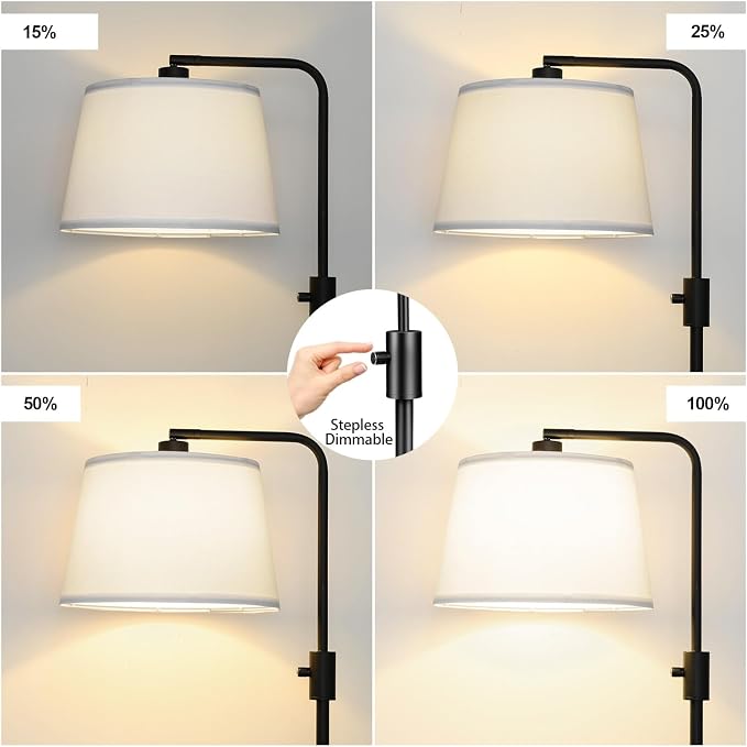 【Upgraded】 Dimmable Floor Lamp, 1000 Lumens LED Edison Bulb Included, Arc Black Floor Lamps for Living Room Modern Standing Lamp with White Shade, Tall Lamps for Living Room Bedroom Office Dining Room
