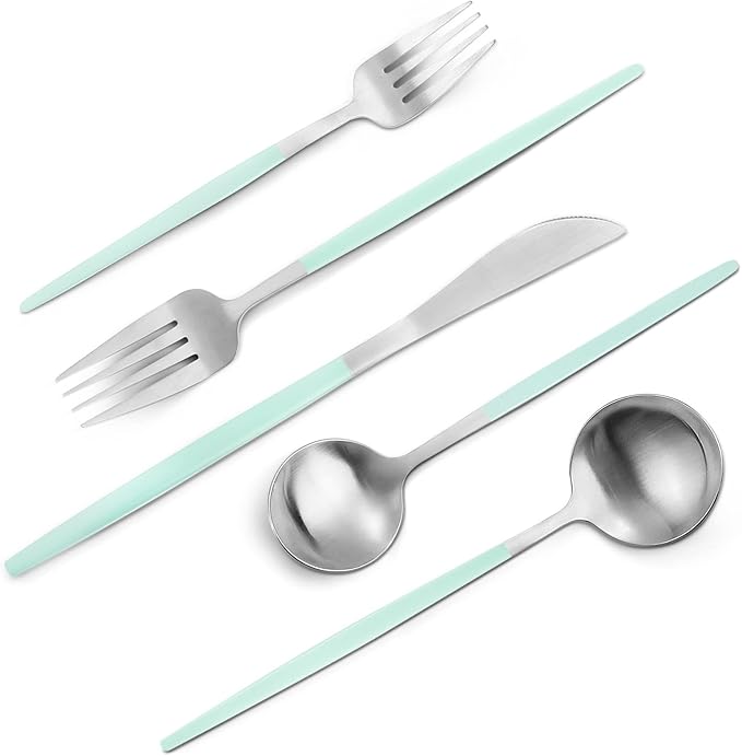 VANVRO Matte Green Silver Silverware Set, 20-Piece Stainless Steel Flatware Set, Satin Finish tableware Cutlery Set, Service for 4, Home and Restaurant, Dishwasher Safe