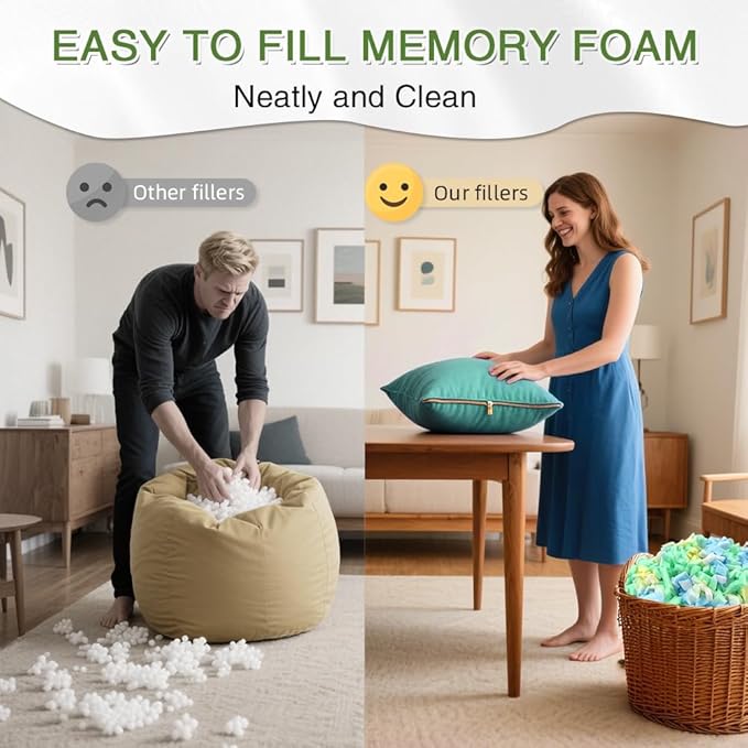 Bean Bag Filler 15lbs, Stuffing for Bean Bag Chair Refill, Shredded Memory Foam Filling for Punching Bag, Couch, Cushions, Dog Bed, Pillows (Multi Color)