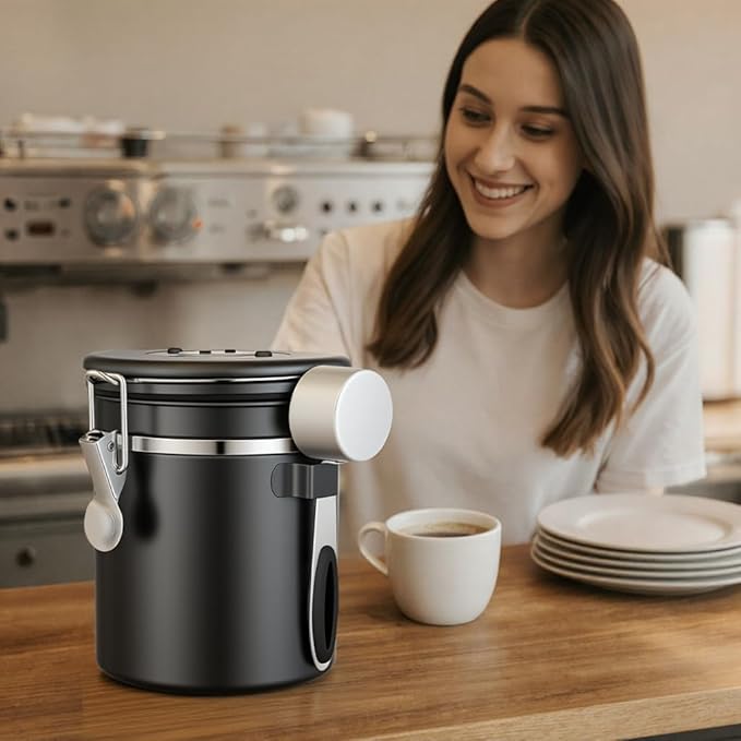 ShanSon Coffee Canister Airtight Coffee Container Stainless Steel Coffee Bean Storage Container with Scoop Coffee Canister for Beans Grounds Sugar Flour Tea Cereal,11OZ, Black