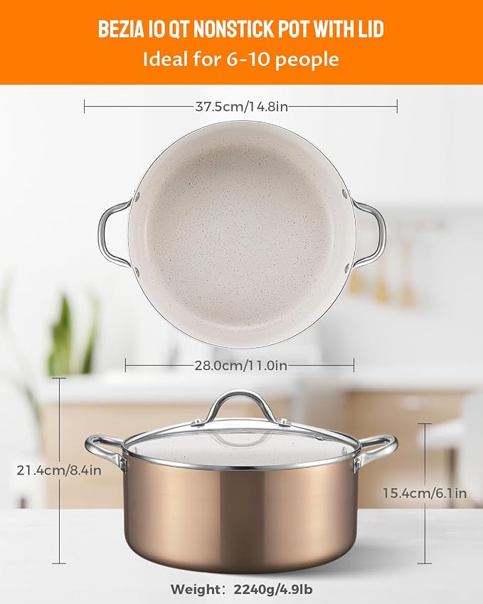 BEZIA 10 QT Large Nonstick Stock Pot with Lid, Induction Ready Cooking Pot | Soup Pot with PFOA Free Granite Coating, All Stovetops Compatible, Oven & Dishwasher Safe, Perfect for Batch Cooking and Meal