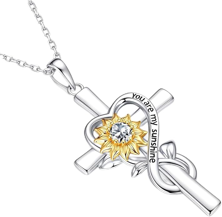Iefil Mothers Day Gifts for Wife Mom - Sunflower Cross Necklace, 925 Sterling Silver Birthstone Necklace for Women Wife Mom