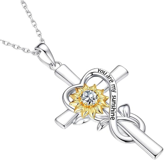 Iefil Mothers Day Gifts for Wife Mom - Sunflower Cross Necklace, 925 Sterling Silver Birthstone Necklace for Women Wife Mom