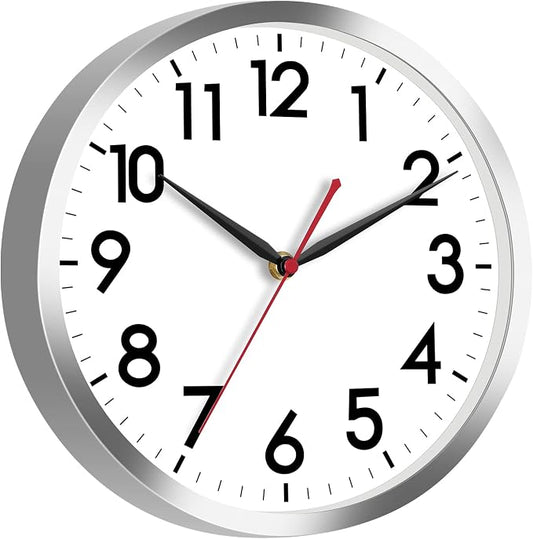 AKCISOT 12 Inch Wall Clock, Battery Operated Analog Clock, Silent Non-Ticking, Ideal for Bedroom, Bathroom, Kitchen, Office and School, Silver
