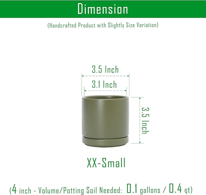 D'vine Dev 3.5 Inch Ceramic Planter Pot, Olive, 94-O-A-J | Modern Cylinder Design, Drainage Hole & Saucer Included, Stable Structure, Elegant Home Accent
