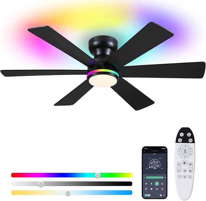 Asyko 46" Black RGB Ceiling Fans with Lights and Remote,Low Profile Ceiling Fans with Quiet Reversible DC Motor,Small Modern Flush Mount Ceiling Fan Light for Bedroom Kids Room