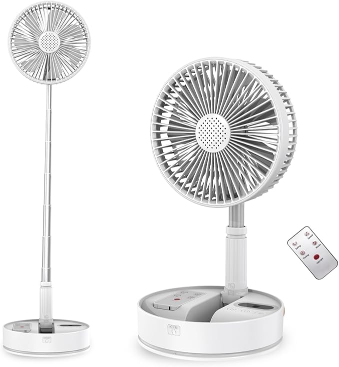 Foldable Fan - Foldaway Portable fans- Remote Control Hand Strap - LED Lighting - 7200mAh Battery Operated Portable Standing Fan, 4 Speed, Timer for Camping Travel , Outdoor, Home (White)