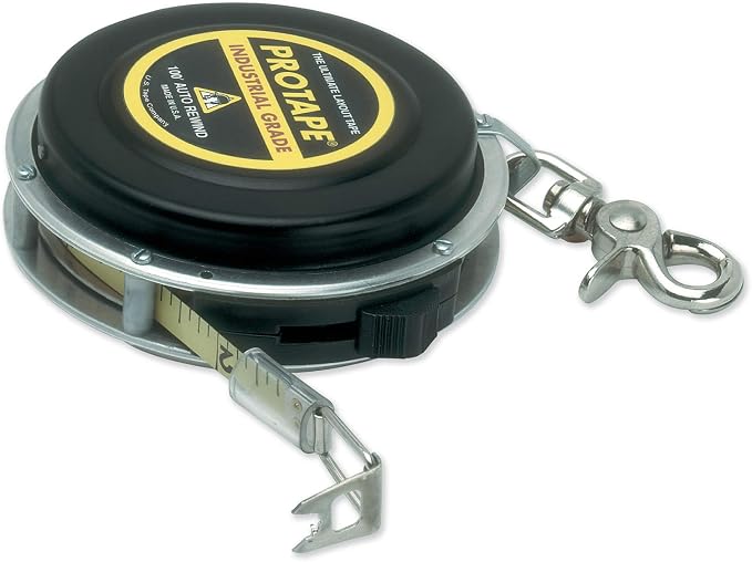 ProTape, Auto-Rewind Tape Measure (3/8" wide x 100' long),Nylon Coated Blade 47322 (900B), Increments by 1/8th of an inch.