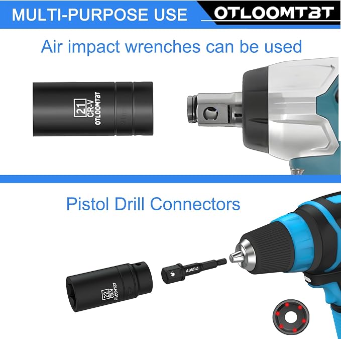 OTLOOMTBT 16PCS 1/2 In Drive Thicker Impact Socket Set, High Durability Industrial Grade Deep Metric Sizes Sockets Sets, with L Handle 5 In Extension Bars & Drill Socket Adapter with Premium Organizer
