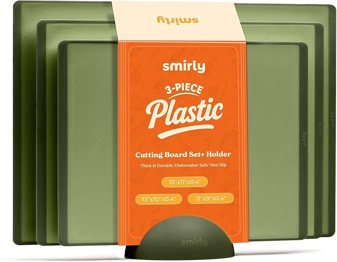 SMIRLY Plastic Cutting Board Set With Holder, Dishwasher Safe Plastic Cutting Boards Set for Kitchen, Cutting Boards for Kitchen - Plastic Chopping Board Set