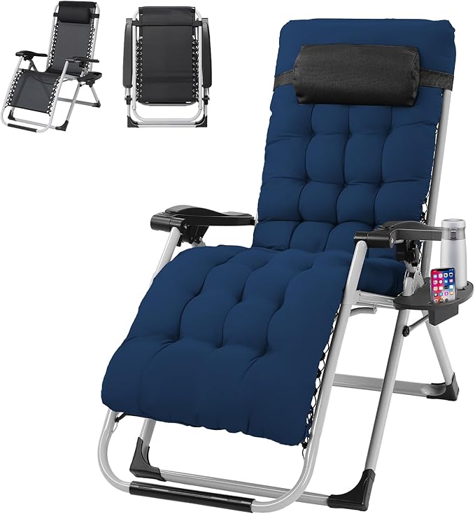 VINGLI Padded Zero Gravity Chair, Lounge Chair with Removable Cushion & Tray， Folding Reclining Patio Chairs， Recliner Chair for Lawn，Indoor and Outdoor-Blue