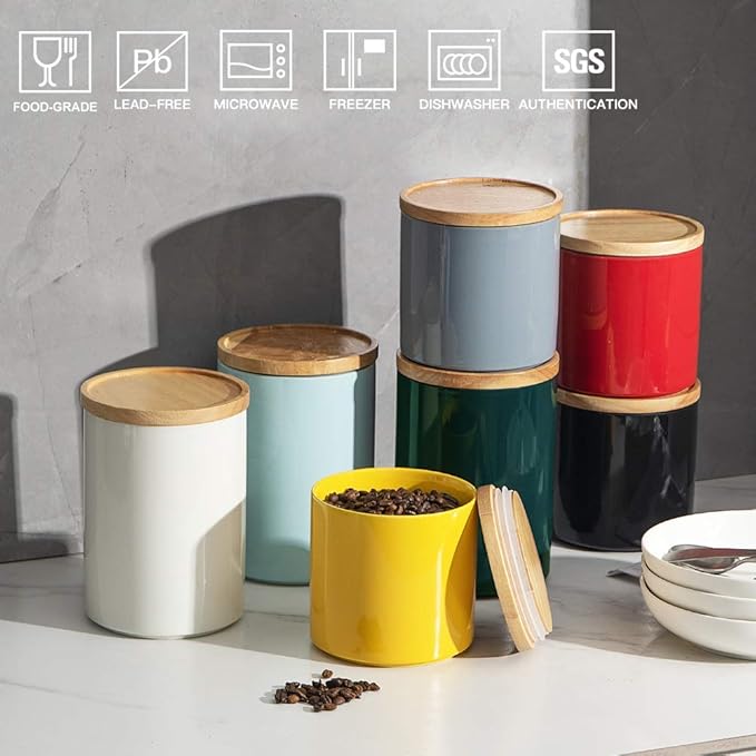 Sweejar Kitchen Canisters Ceramic Food Storage Jar Set, Stackable Containers with Airtight Seal Wooden Lid for Serving Ground Coffee, Tea, Herbs, Grains, Sugar, Salt - Set of 4 (Navy)