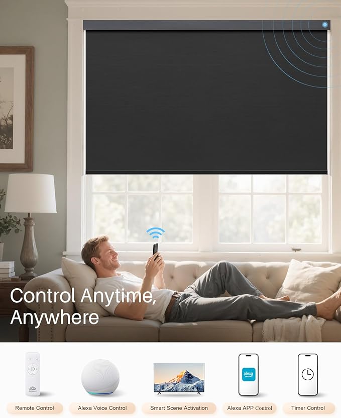 Smart Roller Shades for Windows, Alexa Blackout Motorized Blinds with Remote Control, Easy Install Automatic Electric Blinds for Indoor (50" W x 72" H, Black)