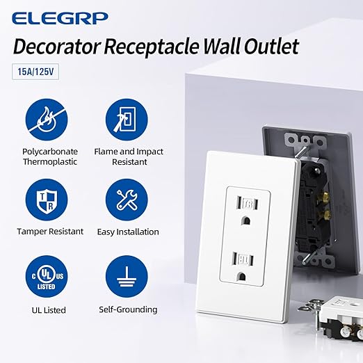 ELEGRP Matte White Tamper Resistant Decorator Wall Receptacle Outlet, 15A 125V Electrical Outlet, Residential Grade, Self-grounding, Screwless Wall Plate Included, UL Listed, 10 Pack