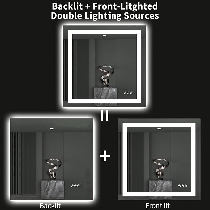 LOAAO 40"X38" LED Bathroom Mirror with Lights, Anti-Fog, Dimmable, Backlit + Front Lit, Lighted Bathroom Vanity Mirror for Wall, Memory Function, Tempered Glass, ETL Listed