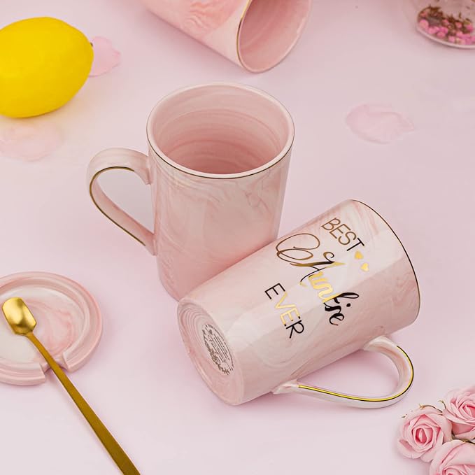 Aunt Gifts for Aunts from Niece - Mothers Day Birthday Gifts for Aunt, 14Oz Pink Marble Ceramic Coffee Mugs Print with Real Gold, Best Aunts Auntie Ever Gift Mug with Lid Spoon Card, Nice Box