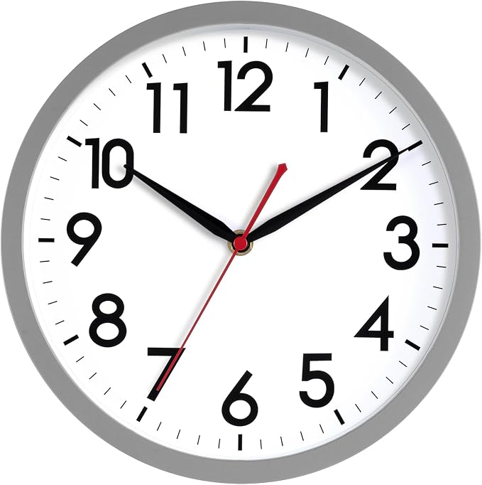 AKCISOT 10 Inch Wall Clock, Battery Operated Analog Clock, Silent Non-Ticking, Ideal for Bedroom, Bathroom, Kitchen, Office and School, Gray