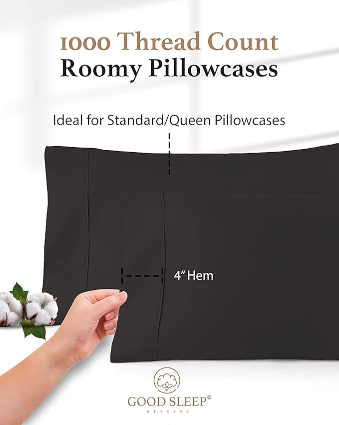 1000 TC Dark Gray Standard Pillowcases Set of 4 100% Egyptian Cotton Pillow Cases with Long Staple Cotton & Sateen Weave, Silky Soft Hotel - Like Bed Pillow Covers for Comfy Sleeping, Snug Fit