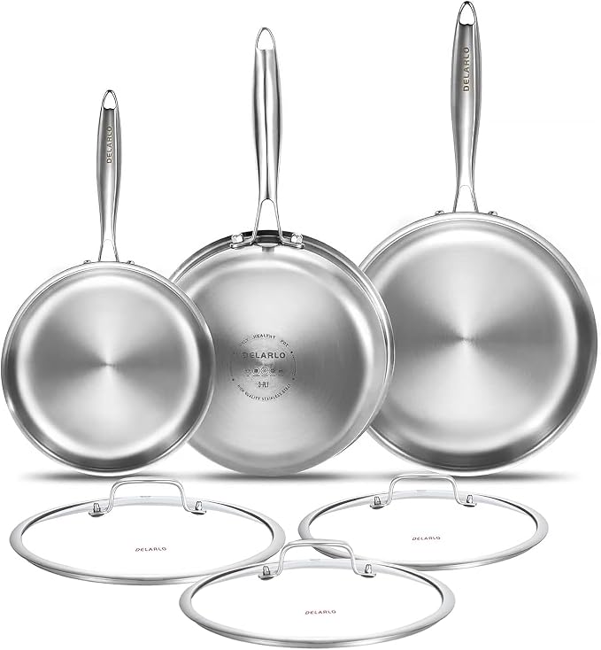DELARLO Tri-ply Stainless Steel Frying Pan Set with Lid 8" 10" 12" | Induction Large Skillets Chef's Pan, Pots and Pans Set, Suitable for All Stove Kitchen Cookware Set