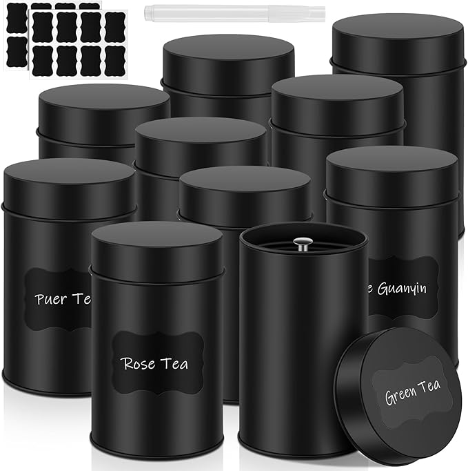 Tanlade 10 Pcs Tea Tin Canisters Airtight Double Lid Metal Storage Containers with Erasable Labels Marker, 14 oz Round Tins for Loose Leaf Tea Coffee Sugar Spice Pantry Organization