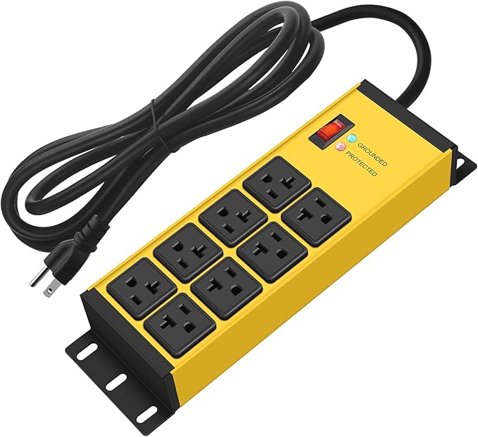 CCCEI Heavy Duty Power Strip Surge Protector 20 AMP Switch, 12 Gauge Extension Cord with Multiple Outlets, Industrial, Shop, Garage High Amp Wall Mount Electric Extender. 6FT, Yellow.
