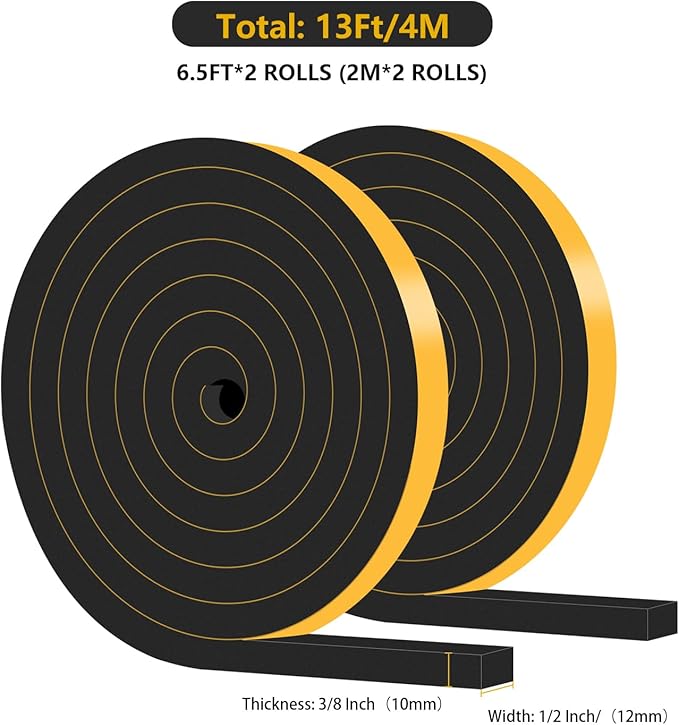 Weather Stripping Door Seal,Weather Stripping,Soundproof,Cold Insulation,High Density CR Foam Insulation Tape for Door, Front Door Frame, Windows,Sliding Door (Black, 1/2 in x 3/8 in x 13Ft)