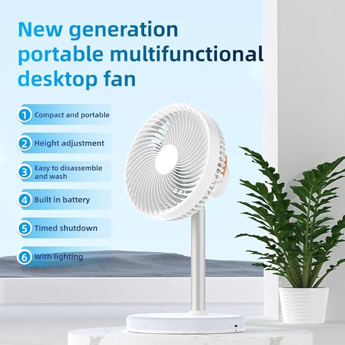 UN UNITEDTIME Desk Fan - Battery Operated Fan With 4 Speeds, Adjustable Height Portable for Outdoor, Courtyard, Beach, Tent, Travel, Room, Kitchen, with Timer night Led light