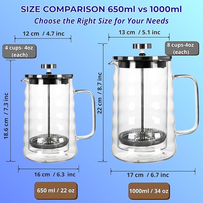 Glass French Press Coffee Maker, Double-Wall Borosilicate Glass Coffee Press with Stainless Steel Mesh Filter, Manual Coffee Brewer & Tea Press, Wavy-Design French Press 22oz (Serves 4–5 Cups)