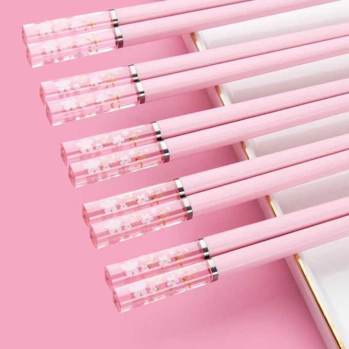 5 Pairs Fiberglass Chopsticks, Reusable Premium Japanese Chinese Korean Chopsticks Dishwasher Safe, Non-slip, Lightweight, 9.6 inches, Pink-Clear Sakura