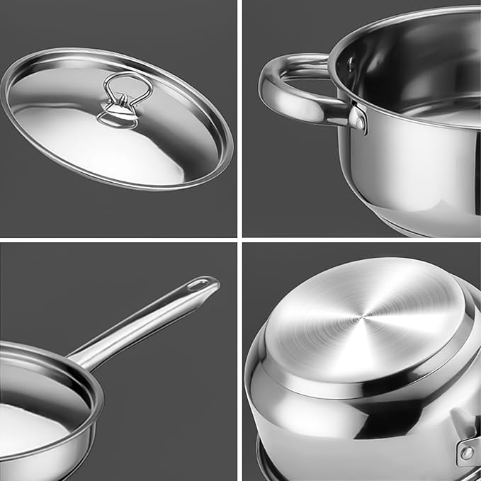 Hunnycook Stainless Steel Cookware Set - 15 Pieces Pots and Pans Set, Includes 6 Pots and Pans, 6 Lids and 3 Utensils, Fixed Handles, Induction Safe and Dishwasher Safe