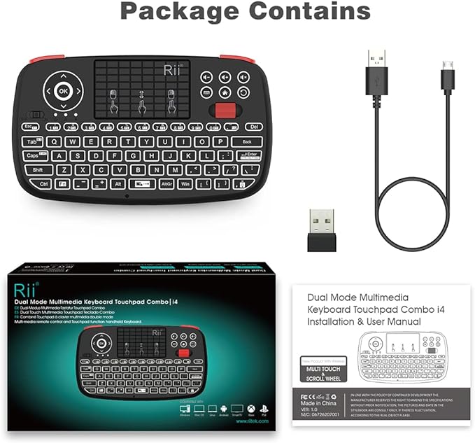 (Upgrade) Rii i4 Mini Bluetooth Keyboard with Touchpad, Blacklit Portable Wireless Keyboard with 2.4G USB Dongle for Smartphones, PC, Tablet, Laptop TV Box iOS Android Windows Mac.Black