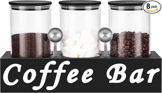 ZOMUIA Glass Coffee Containers Airtight Coffee Bean Storage Jars with Shelf, 3Pcs 44oz Coffee Station Organizer Coffee Canisters, Kitchen Food Storage Jars for Sugar, Candy, Oats, Nuts (BLACK)