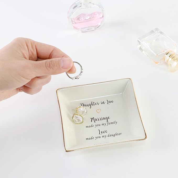 HOME SMILE Mother's Day Wedding Valentine Gifts for Daughter In Law From Mother In Law,Ceramic Ring Dish jewelry Tray,-Marriage Made You My Family,Love Made You My Daughter