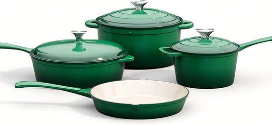 MAISON ARTS 7 Piece Enameled Cast Iron Cookware Set, Induction Dutch Oven Pot with Lid, Emerald Non Toxic Pots and Pans set, PFOA-PFOS Free