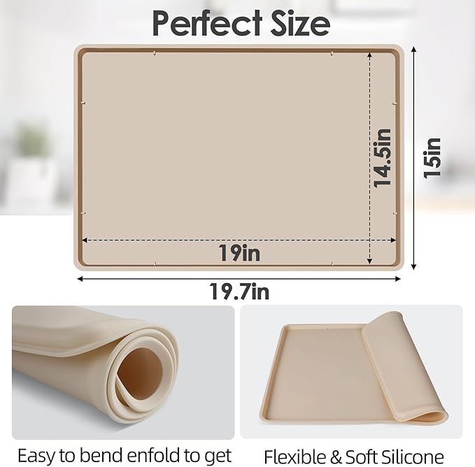 TOHONFOO Silicone Coffee Maker Mat with Lip, 19.7'' x 15'' Heavy Duty Coffee Maker Mat for Countertops, Coffee Tray Fit Under Coffee Machine Appliance Automatic Machines Espresso Accessory, Khaki