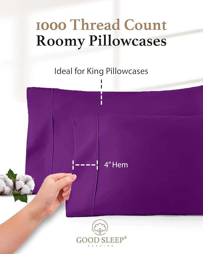 1000 TC Purple Standard Pillowcases Set of 2 100% Egyptian Cotton Pillow Cases with Long Staple Cotton & Sateen Weave, Silky Soft Hotel - Like Bed Pillow Covers for Comfy Sleeping, Snug Fit