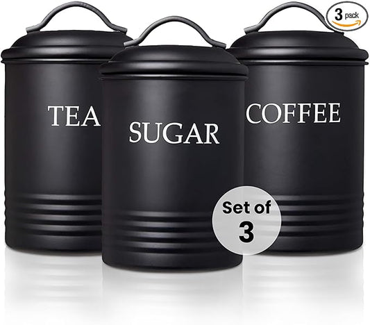 Kitchen Canister Set of 3 Sugar Coffee Tea with lids Food Storage, Black