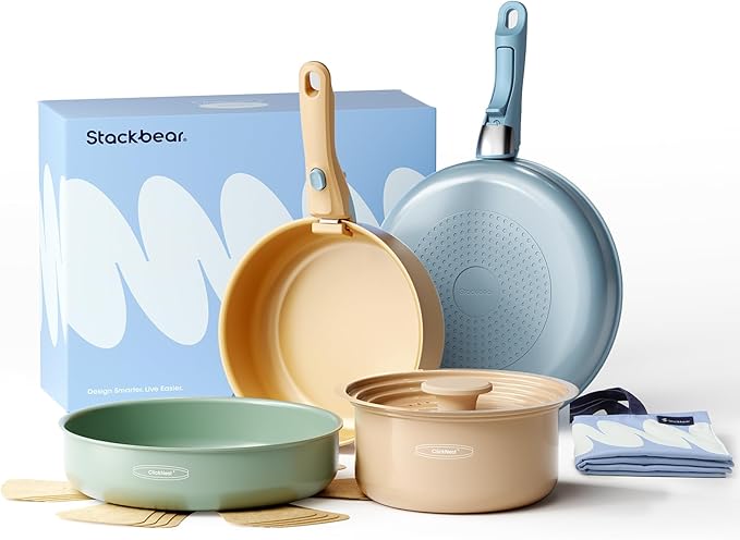 Ceramic Cookware Set, Detachable Handle Pots and Pans Non Stick, 12-Piece Camping Cooking Set Nonstick with Storage Bag, Anti-Scratch Pads, PFOA Free, RV Camping Essentials
