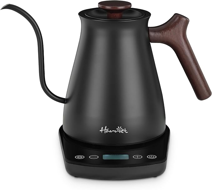Harriet Gooseneck Electric Kettle - 1200W Fast Heat, 0.8L Stainless Steel, Precision Temp Control & Timer, Wood Handle, Pour Over Coffee and Tea, Black