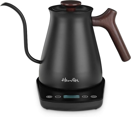 Harriet Gooseneck Electric Kettle - 1200W Fast Heat, 0.8L Stainless Steel, Precision Temp Control & Timer, Wood Handle, Pour Over Coffee and Tea, Black