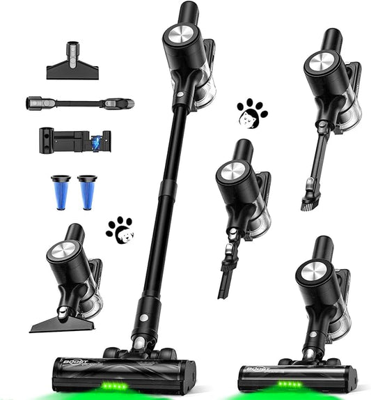 Cordless Vacuum Cleaner for Home, 55KPa Powerful Suction, Self-Standing Stick Vacuum with Charging Dock, Anti-Tangle Brush, Lightweight for Pet Hair, Carpet, Hardwood Floor(Pure Black)