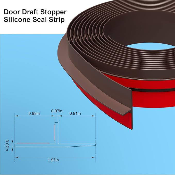 Elvone T-Shaped Door Draft Stopper, 1.97 in x 40 Ft Silicone Seal Strip for Windows Gaps, Weather Stripping Seal Strip Shower Sweep, Brown