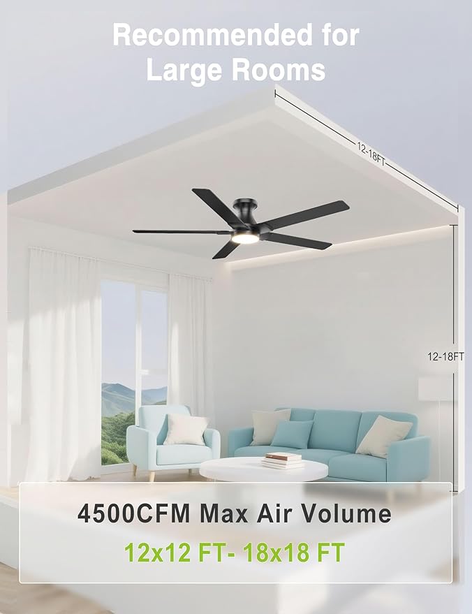 DAMINY 52 inch Black Ceiling Fans with Lights,5 Blades,6CCT, Low Profile,Remote Control,for Bedroom, Kitchen,Living Room,Indoor/Outdoor Use,Flush Mount
