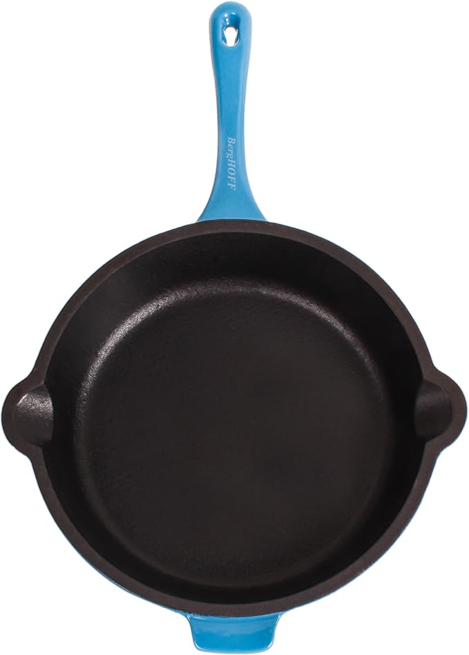 BergHOFF Neo 4Pc Enameled Cast Iron Cookware Set, Grill Pan 11 inches, Fry Pan 10 inches, 3qt. Dutch Oven, Matching Lid, Fast, Evenly Heat, Oven Safe (Blue)