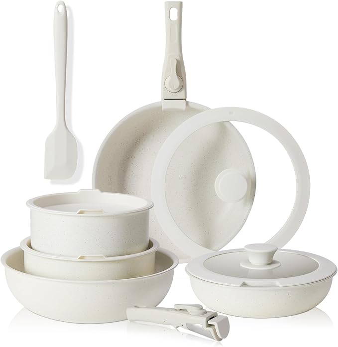 NEWBULIG 12-Piece Nonstick Cookware Set, Detachable Handle Pots and Pans, Induction Compatible Cookware, Dishwasher & Oven Safe, Space-Saving Kitchen Set, Cream White