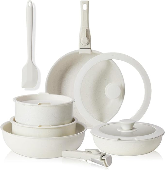 NEWBULIG 12-Piece Nonstick Cookware Set, Detachable Handle Pots and Pans, Induction Compatible Cookware, Dishwasher & Oven Safe, Space-Saving Kitchen Set, Cream White