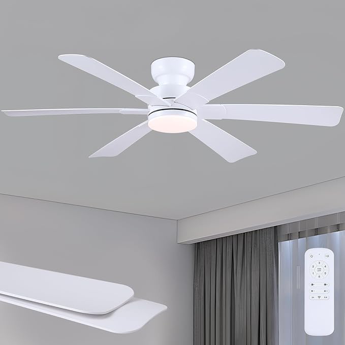 Asyko 52" Low Profile Ceiling Fans with Lights and Remote, White Indoor Ceiling Fan Light with Quiet Reversible DC Motor,Modern Flush Mount Ceiling Fans with Dimmable LED for Bedroom Kitchen