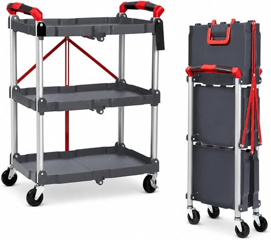 3 Tier Folding Utility Cart with Wheels, 168 LBS Total Load Capacity, Collapsible Service Cart for Garage, Workshop and Office, Portable Aluminum Alloy Rolling Tool Cart, Grey